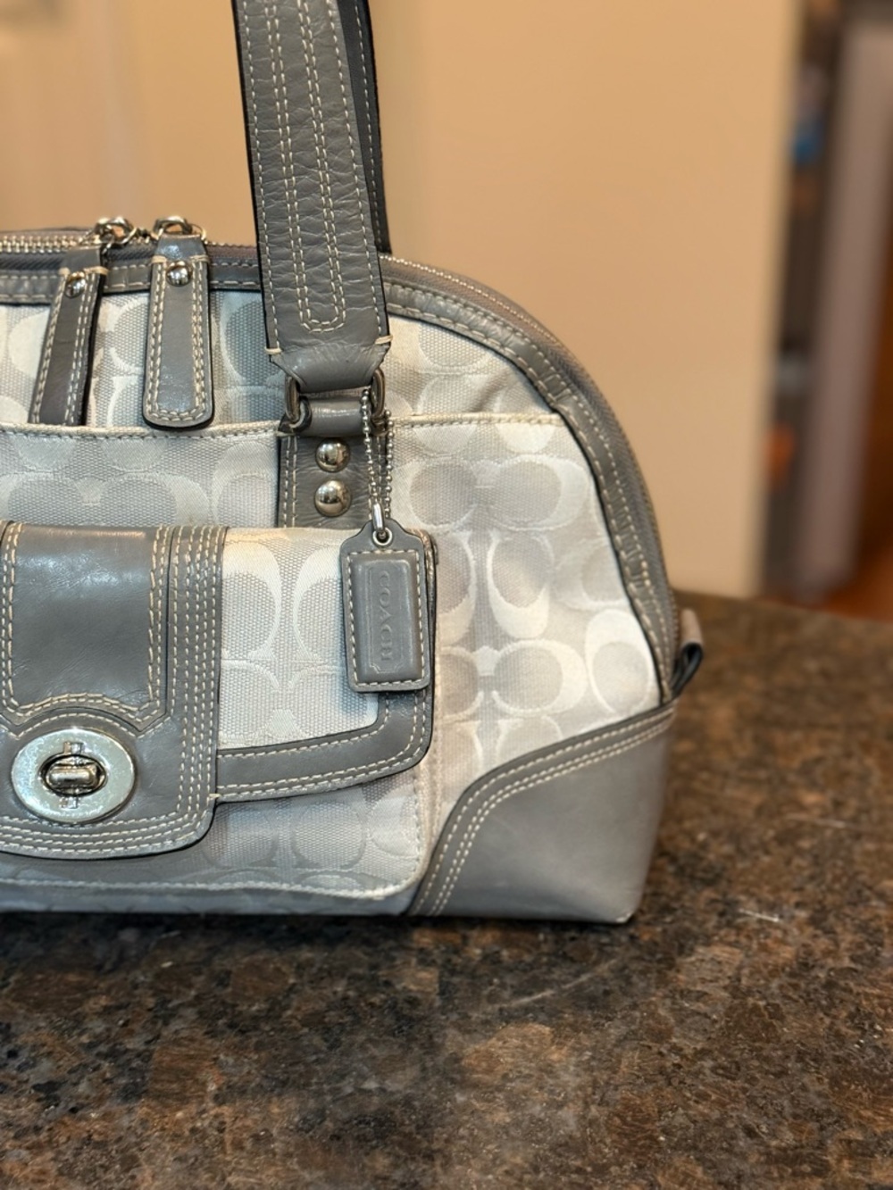 Coach Gray Signature Canvas Satchel with Leather Trim - Picture 2 of 16